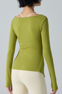 Women's Ribbed Double Twist Split V Neck Pilates Slim Fit Top