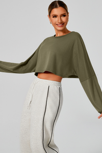 Women's Fall Cropped Drop Shoulder Long Sleeve Top