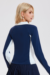 Women’s Color-Block Half-Zipper Polo Long-Sleeve Top
