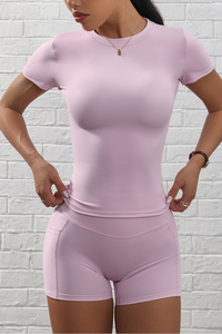 Women's Short Sleeve And Pocket Shorts Yoga Set