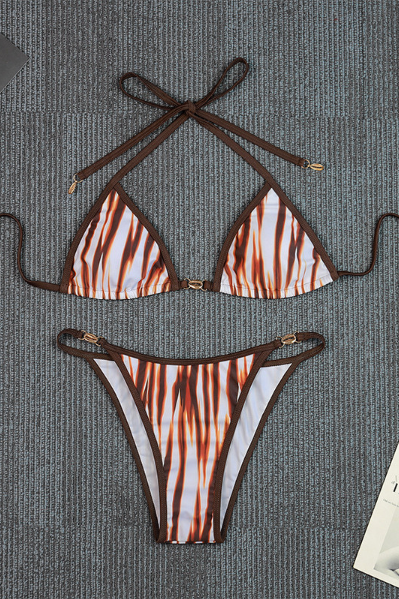Women's Flame Gradient Metal Ring Halter Triangle Bikini Set