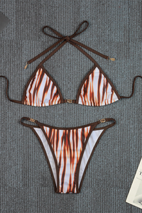Women's Flame Gradient Metal Ring Halter Triangle Bikini Set