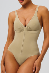 Women's Seamless Pleated Zipper V-neck Sports Bodysuits