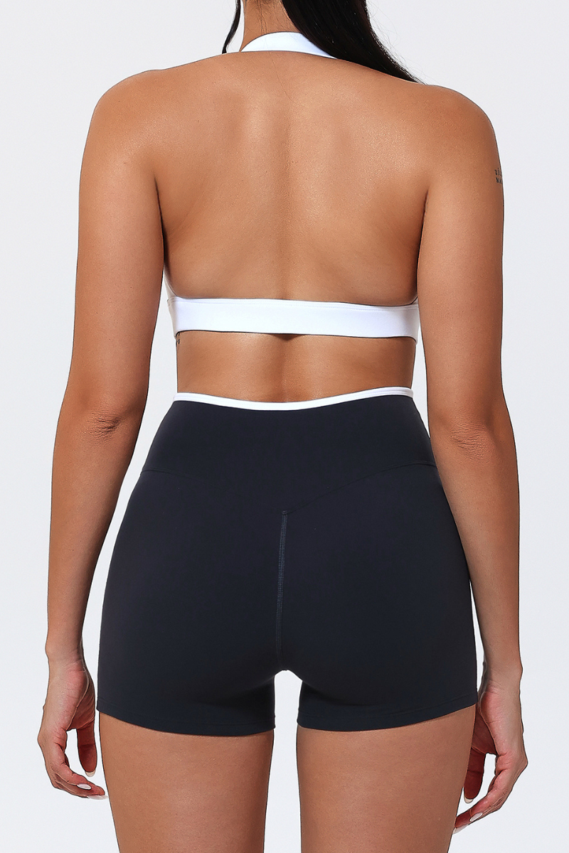 Women's Color-Block Halter Sports Bra & Cross-Waist Shorts Set
