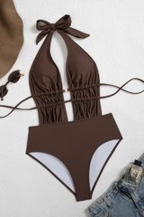 Women's Summer Halter Deep V Ruched Cutout Backless Swimsuit