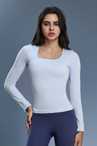 Women Square-Neck Built-in Bra Slim-Fit Workout Long Sleeves