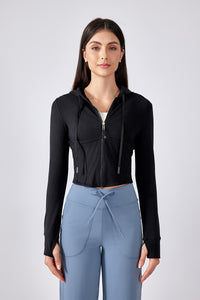 Women Hooded Drawstring Short Slim Outdoor Sports Fitness Yoga Jacket