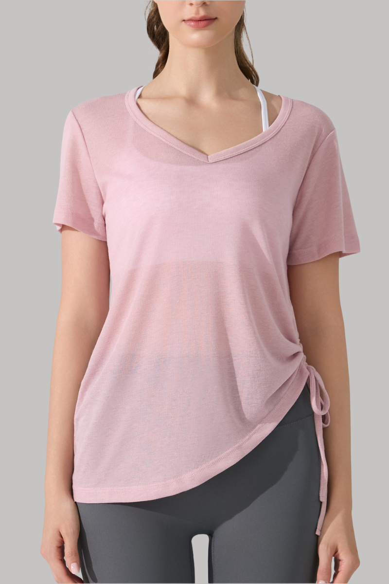 Women's V-Neck Side Drawstring Sheer Lazy Style T-shirt
