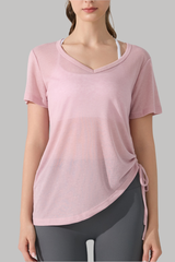 Women's V-Neck Side Drawstring Sheer Lazy Style T-shirt