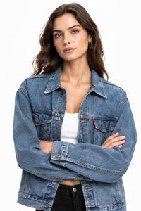 Women's Classic Blue Relaxed Denim Jacket with Red Tag