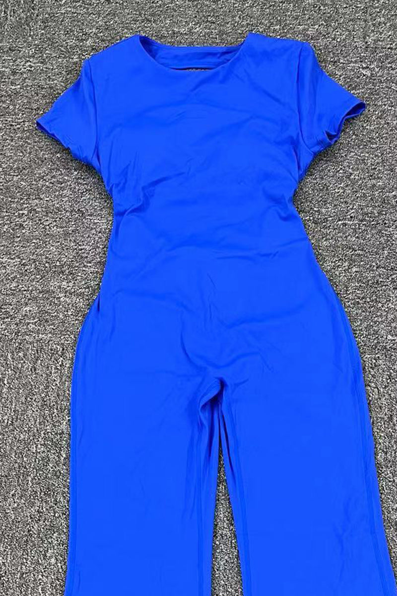 Women Short Sleeve Big Backless One Piece Flare Tight Nude Outfit Fitness Sports Yoga Bodysuit