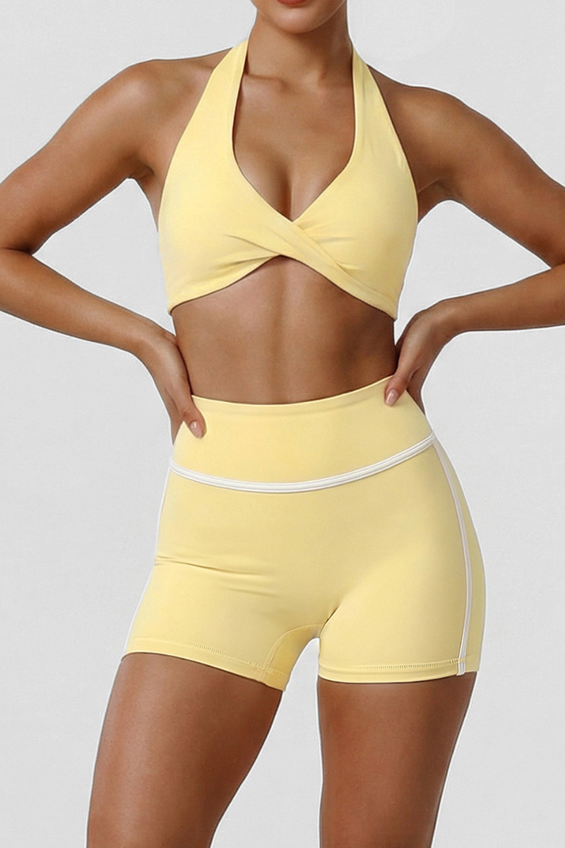 Women's Sets:Twist Front Halter Bra& Color-Blocked Shorts