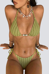 Women's Textured Beaded Side Tie Solid High Cut Brief Bikini