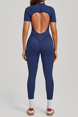 Women's Half-Zip Short Sleeve Open Back Jumpsuit