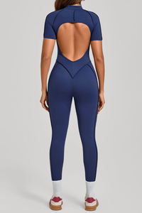 Women's Half-Zip Short Sleeve Open Back Jumpsuit