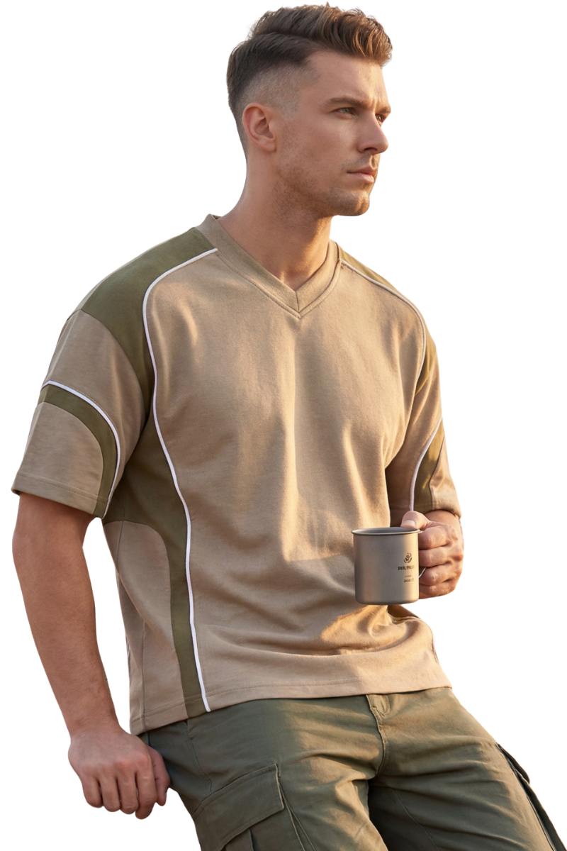 Men's 100% Cotton Color-Block V-Neck Short-Sleeve T-Shirt