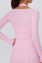 Women's Ribbed V Neck Side Wrap Tie Yoga Long Sleeve Top
