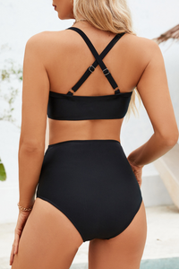 Women's V-Neck Cross Back High Waist Ruched Solid Bikini