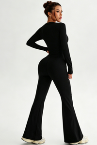 Women's Square Neck Contrast Stitch Waist Cinch Jumpsuit