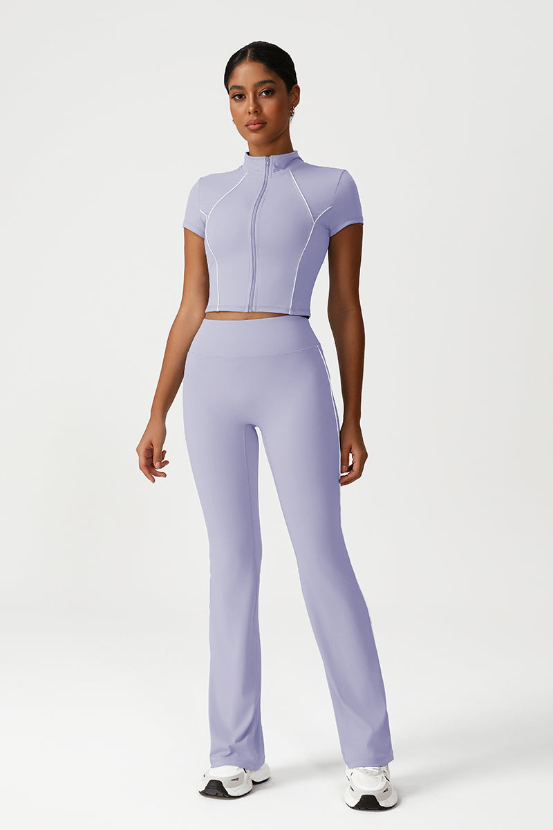 Women Seamless High Waisted Flared Yoga Set: Stand Collar Jacket + Flared Leggings