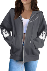 Women Halloween Ghost Print Zip Up Hoodie