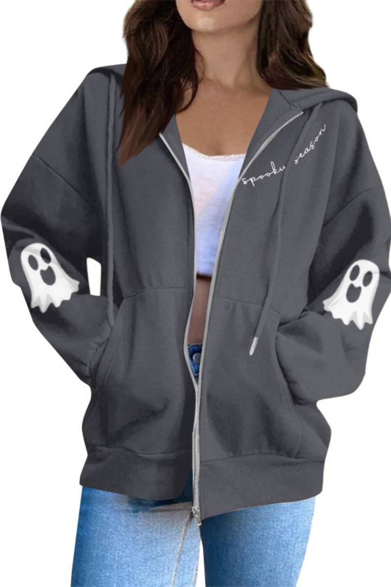Women Halloween Ghost Print Zip Up Hoodie