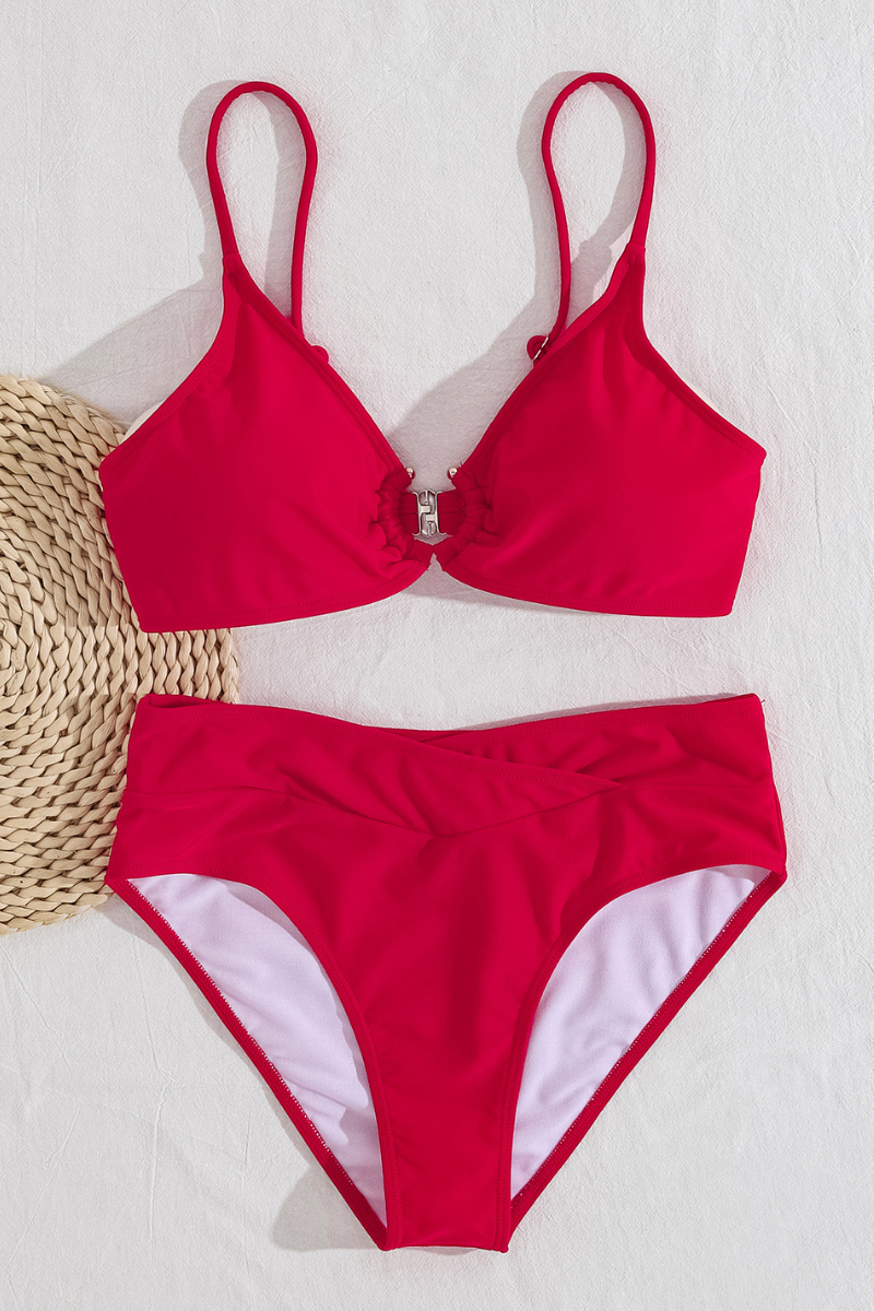 Women's Sexy Metal Buckle Triangle Cup Solid Bikini