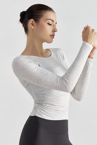 Women's Pleated Slim Fit Crew Neck Long Sleeves Sports Top