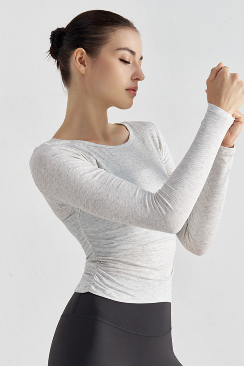 Women's Pleated Slim Fit Crew Neck Long Sleeves Sports Top