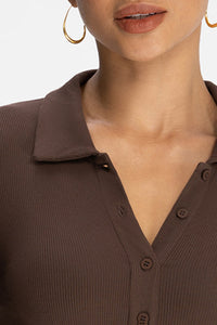 Women Modal Henley Collar Button Down Slim Fit Long Sleeve Yoga Top