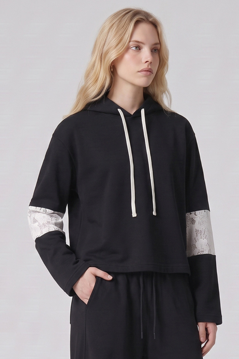 Women's Fall Cropped Openwork Lace Patchwork Hoodie