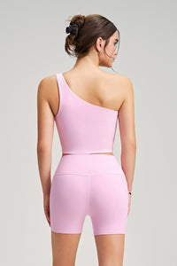 Women Single Shoulder Quick Dry Waist Shaping Yoga Set: Short Sleeve Bra + Shorts