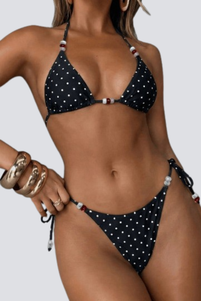 Women's Summer Polka Dot Beaded Halter Backless Bikini Sets