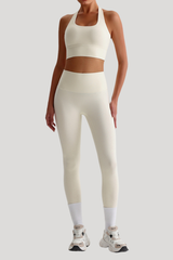 Women Naked Feel Cross Back Yoga Set: High Waisted Seamless Tummy Control Leggings + Crisscross Sports Bra