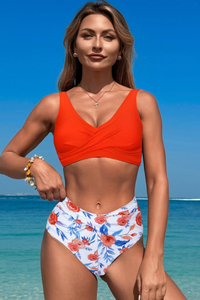 Women's V-neck Pleated Printed High-Waist Two-Piece Bikini