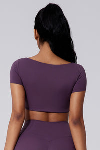 Women Square Neck Crop Removable-Pad Pleated Sculpting Workout Short Sleeve