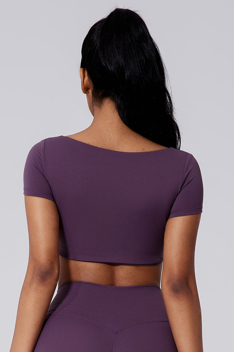 Women Square Neck Crop Removable-Pad Pleated Sculpting Workout Short Sleeve