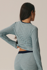 Women Striped Crew Neck Contrast Long Sleeve Cropped Top