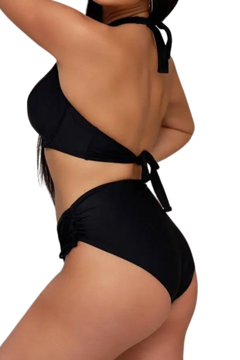 Women's Halter Deep V High Waist Side Tie Bikini Set - Solid