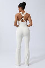 Women Criss Cross Back Sport Flare Jumpsuit