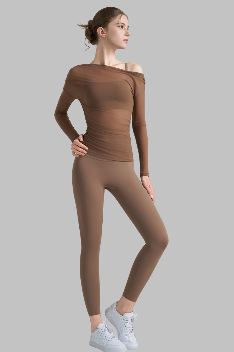 Women's Yoga 3-Piece Set:Bra+ Off-Shoulder Mesh Top+Leggings