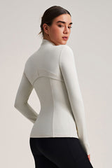 Women Stand Collar Gold Zipper Slim Fit Yoga Jacket Running Workout Top