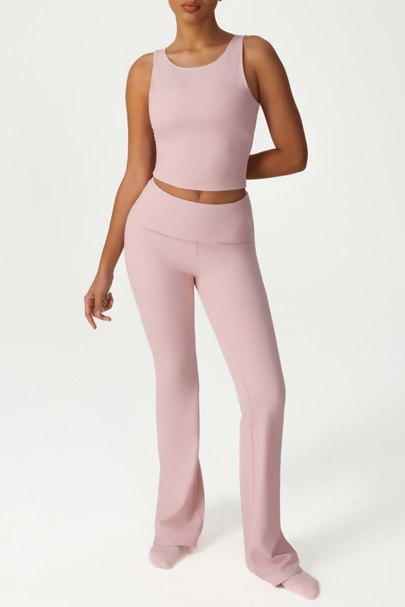 High-stretch tops folded high-waisted flared pants 2-piece set