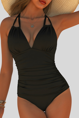 Women's V-neck Pleated Halterneck Waist Cinching Swimsuit