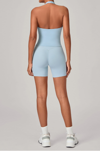 Women's Athletic Set:Halterneck Pleated V-neck Bra & Shorts