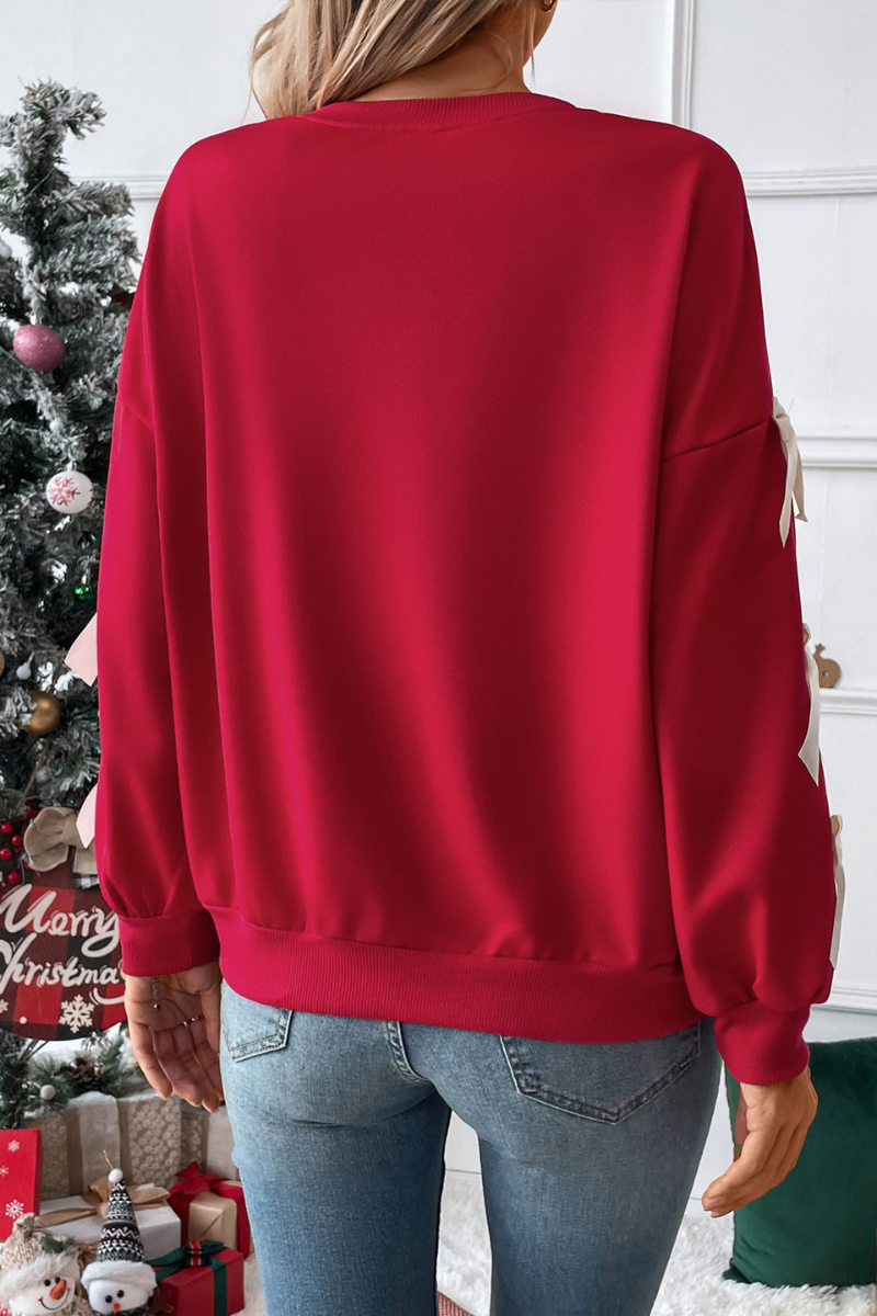 Round-necked, bow-style, red Christmas-themed sweatshirt