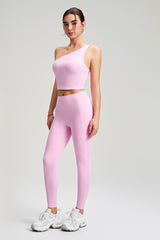 Women Single Shoulder Quick Dry Waist Shaping Yoga Set: Short Sleeve Bra + Leggings