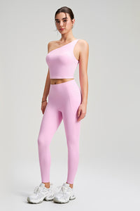 Women Single Shoulder Quick Dry Waist Shaping Yoga Set: Short Sleeve Bra + Leggings