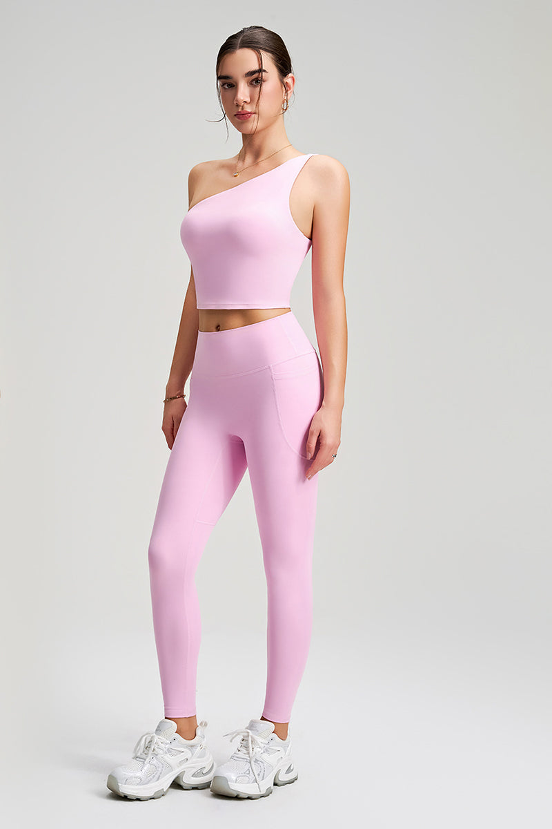 Women Single Shoulder Quick Dry Waist Shaping Yoga Set: Short Sleeve Bra + Leggings
