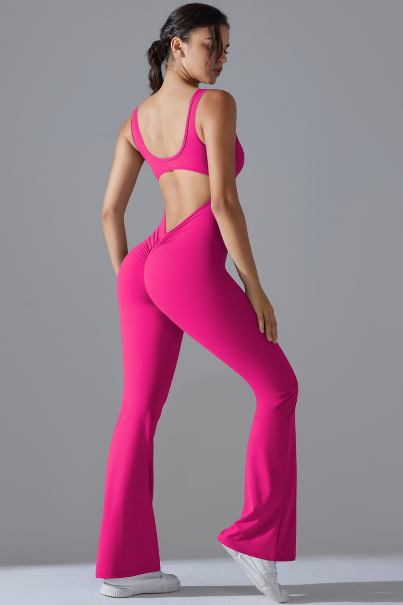 Women's U-neck Pleated Buttocks Lift Flared Pants Jumpsuit